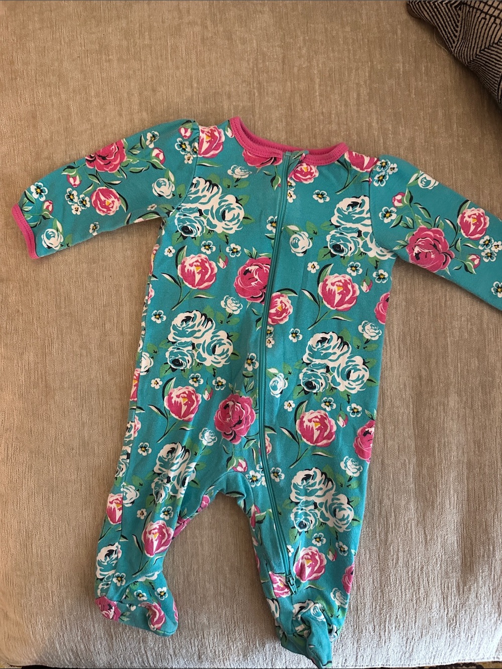 wonder nation Teal Floral Footed One-Piece with Pink Trim